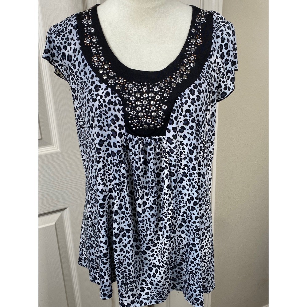 Kikit Rhinestone Embellished Top Animal Print Blouse Short Sleeve L Mob Wife